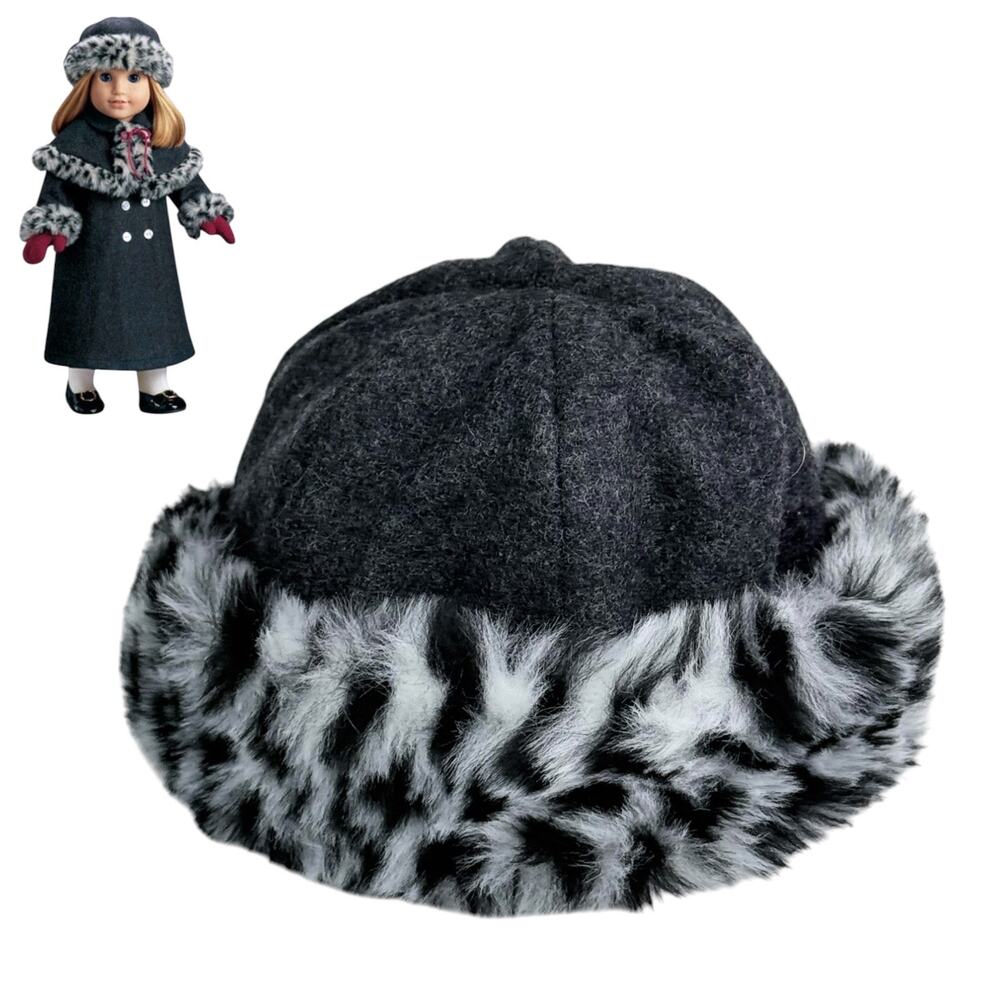 American Girl Nellie Winter Hat Faux Fur Snow Leopard Animal Print Gray Woolen